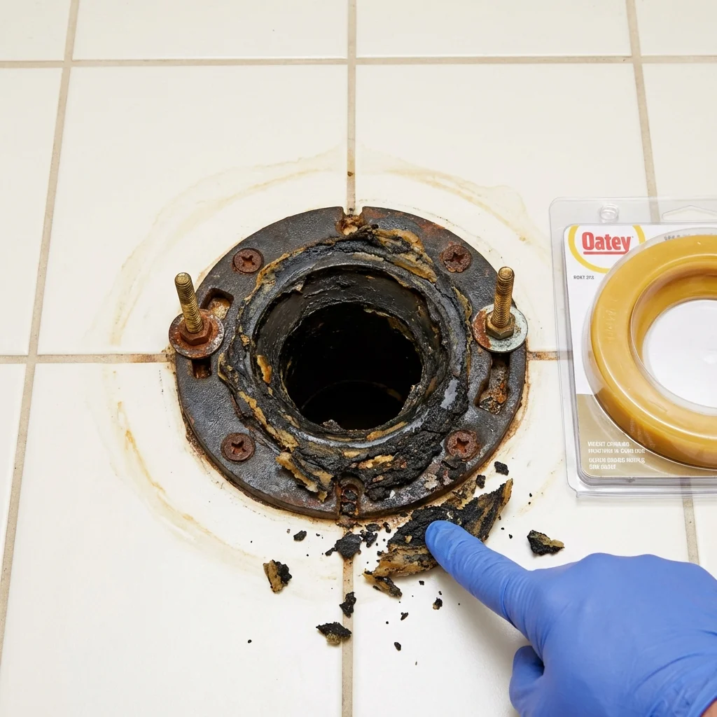Failed wax ring showing water seepage at the base of a toilet in a Seneca, SC home