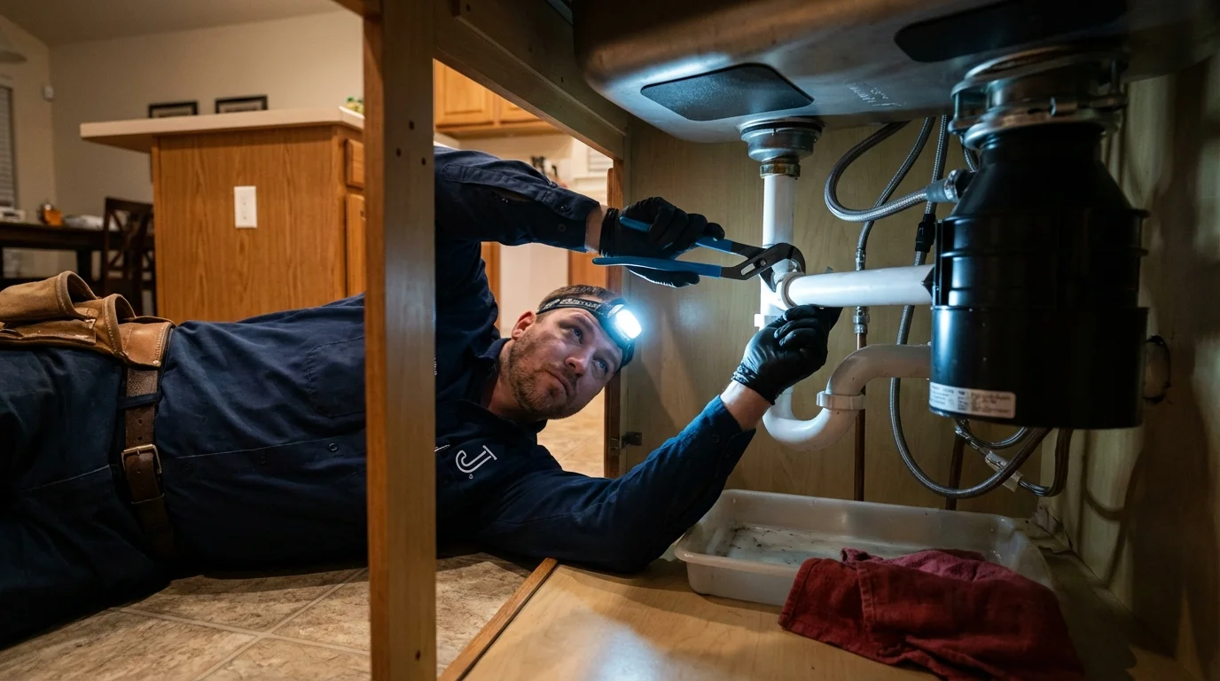 P-trap and supply line connections under a kitchen sink showing a common leak point in Seneca, SC